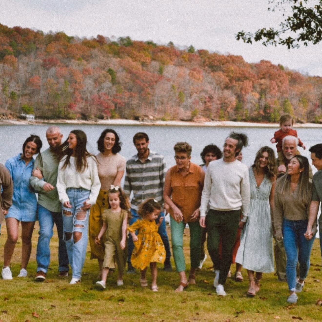 The whole family together by the lake